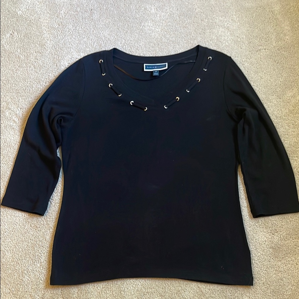 Karen Scott Black V neck 3/4 Sleeve Top with Grommet Detail.